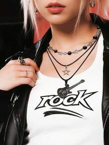 1/5 件装 多层星形复古摇滚铆钉手链哥特项链套装 男女通用 Y2K 星形吉他哥特式颈链朋克摇滚尖刺皮革手链 80 年代 Emo 配饰和珠宝礼品 - 黑色 - 查看 4