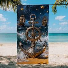 1 pièce Serviette de plage avec éléments nautiques : bateau à voile, ancre, gouvernail, vague. Serviette de plage extra-large en microfibre super douce et super absorbante. Convient pour les voyages, la piscine, la plongée, le surf, le yoga, le camping. Disponible en plusieurs tailles. Accessoires de plage - Ancre et gouvernail - Voir 4
