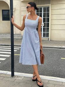 Vestido casual de verano para mujer con cuello cuadrado sin mangas a rayas - Celeste - Ver 7