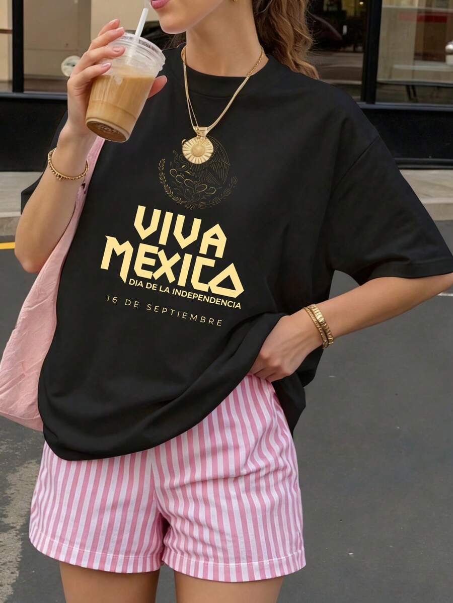 Camiseta Oversize Negra Viva Mexico Dia de la Independencia 16 de Septiembre para Fiesta - Negro - Ver 1