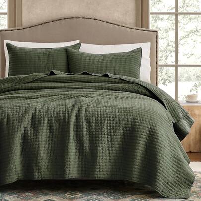 Olive Green Striped Cotton Quilt Set - Twin Size, Soft & Lightweight Pick Stitch Bedspread, Linen-Like Texture, Farmhouse Country Rustic Coverlet, Shabby Chic Gauze Bedding, 2 Pieces