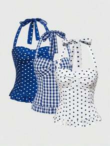 Women's Romantic Vacation Style Polka Dot & Plaid Backless Halter Neck Camisole Set - Azul - Ver 12