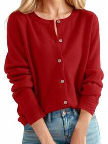 Cárdigan de Punto Dama Cuello Redondo Unicolor con Botones Moderno y Cómodo - Rojo - Ver 9