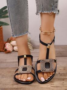 Sandal đế bằng thanh lịch cho bé gái tuổi teen, đính đá lấp lánh hình vuông, quai ngang co giãn, kiểu dáng thường ngày, thích hợp cho mùa hè. - màu đen - Xem 5