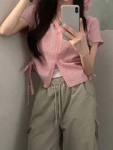 韩版夏季女式短袖上衣，薄款格纹连帽拉链开衫 - 粉色 - 查看 5