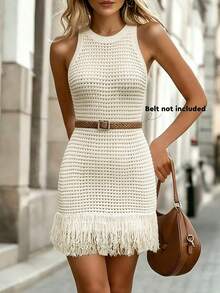 新款时尚优雅百搭女士性感镂空无袖针织连衣裙，适合度假、节日、派对、邮轮、海滩、音乐节以及波西米亚风夏季穿着 - 香檳色 - 查看 1