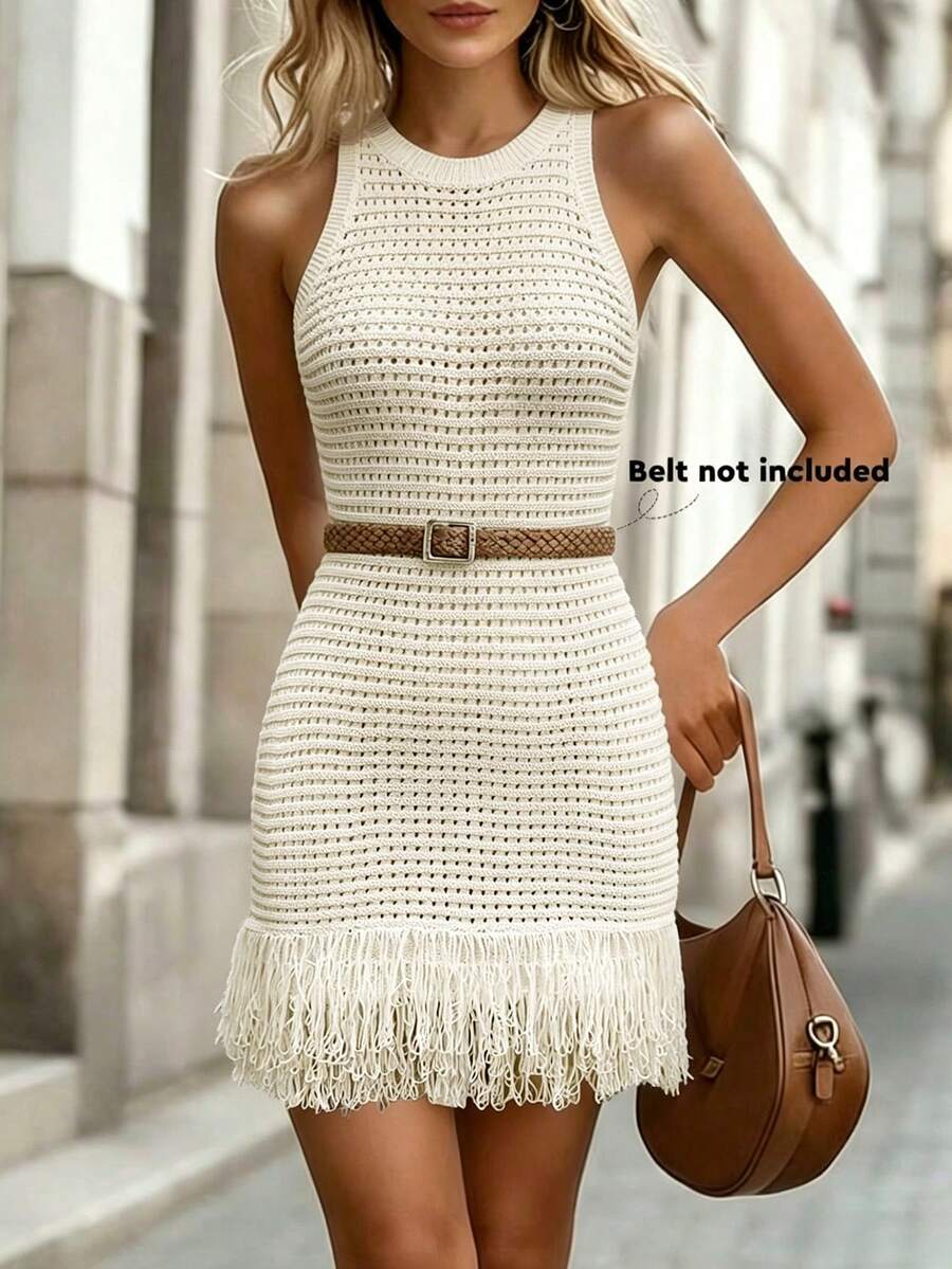 新款时尚优雅百搭女士性感镂空无袖针织连衣裙，适合度假、节日、派对、邮轮、海滩、音乐节以及波西米亚风夏季穿着 - 香檳色 - 查看 1