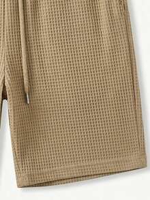 Men's Waffle Knit Sports Set, Casual Daily Short Sleeve Top + Shorts 2 Pieces Set - Khaki - View 5