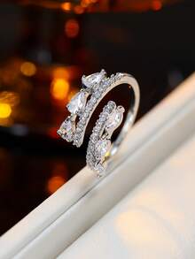 1pc Adjustable Ring, Silver Micro-Inlaid Water Drop Rhinestone Spiral Design, Unique Sparkling Accessory - Open Ring - View 8