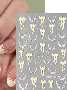 Bowknot Nail Stickers, French Yellow Ribbon Lace Nail Stickers, Cream French Bow Nail Stickers, Self-Adhesive French Style Nail Stickers, Exquisite 3D Ribbon Bow & Lace Edge Nail Stickers, Women & Girls DIY Nail Decor, Fashionable & Sweet Bow Decor Stickers, Y2K Design Style Nail Stickers, DIY Or Nail Salon Nail Stickers - Multicolor - View 5