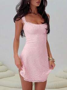 Vestido mini elegante y de moda con diseño de volantes, tirantes con lazo y parches de encaje, sin mangas y ajustado, para fiestas de verano - Rosa - Ver 4