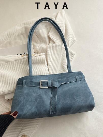 女士复古牛仔单肩包，Y2K搭扣设计腋下包，复古牛仔手提包，大容量休闲法棍包，适合日常通勤