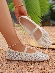 New Women's Fashionable Casual Contrast Mesh Knit Slip-On Flat Beige Shoes, Suitable For Daily Commute, Dating, Vacation Outfits (Asymmetrical Pattern) - Beige - View 3
