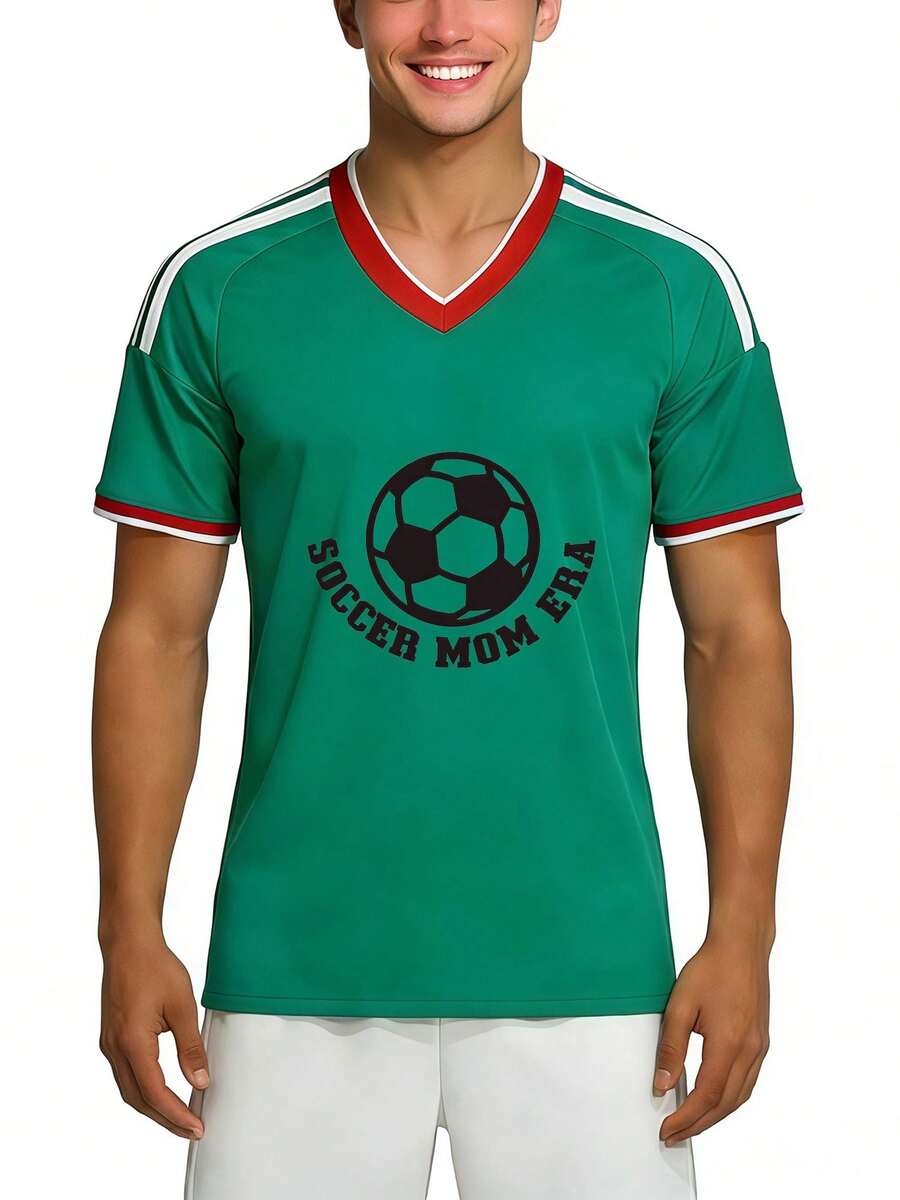 Camiseta de Estilo Deportivo Casual para la Temporada de Fútbol 2026, Jersey con Cuello en V para Mamás del Fútbol, Camiseta de Fanático de Fútbol para Padres y Amigos, Primavera Verano - Verde - Ver 1