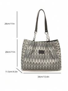 Dedoo Bohemian Style Large Tote Bag, Retro Printed Pattern With Exotic Vibe, Metal Chain Matching Adjustable Strap, Ideal For Daily Commute Short Trips - Black - View 3