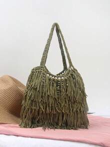 BAILEE Fashion Casual Tassel Edge Solid Color Crochet Shoulder Bag, Handmade, Foldable And Portable, Suitable For Matching Outfits And As A Gift - Multicolor - View 13