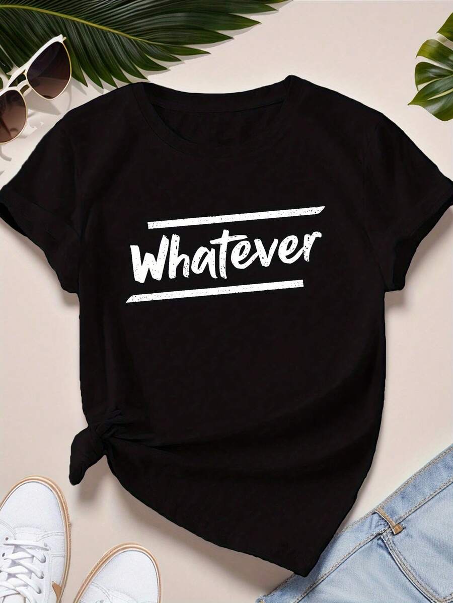 Topswhatever In Handwritten Script Damtröja med korta ärmar, plus size-motiv - Svart - Visa 1