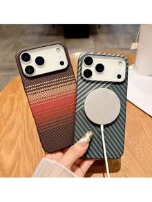 1pc Carbon Fiber Texture Magnetic Phone Case, For IPhone 17 Pro Max, Air 16, 15, 14, 13, 12 Pro Max Plus, Supports Wireless Charging, Matte Heat Dissipation Protective Case - Khaki - View 2