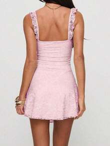 Vestido mini elegante y de moda con diseño de volantes, tirantes con lazo y parches de encaje, sin mangas y ajustado, para fiestas de verano - Rosa - Ver 8