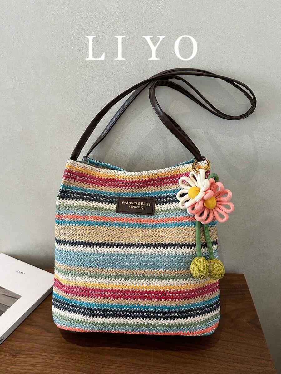时尚编织女包，草编水桶包，彩虹条纹女包，沙滩度假包，带吊坠，单肩包，腋下包