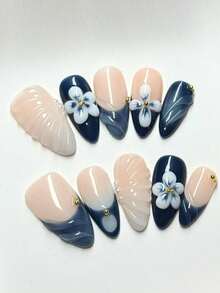 10片/套 手工亚克力按压式美甲贴片，中长杏仁形美甲，法式美甲，蓝色美甲，3D手工树脂花朵，3D条纹，3D雕刻美甲，渐变美甲。美甲用品，假指甲，可卸假指甲，美甲配件，美甲艺术，适合派对、舞会、日常佩戴、学生派对、角色扮演，按压式可重复使用，附赠果冻胶和指甲锉，DIY美甲用品。 - 彩色 - 查看 7