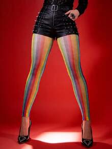 Curve Tights Elastic 7/8 Leggings, Gothic Style Hollow Fishnet Stockings, Sexy Sheer Pantyhose, Skinny Colored Tights, Versatile For Spring/Summer, Suitable For Vacation, Dating, Halloween Costume, Skort Pairing - Multicolor - View 10