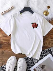Áo thun nữ cỡ lớn cổ tròn tay ngắn với họa tiết hoa và sóng, kiểu dáng giản dị và tươi mát, đa năng và thời trang, phù hợp cho mùa xuân và mùa hè. Thích hợp cho cả mặc hàng ngày và đi nghỉ mát, tôn lên vẻ quyến rũ nữ tính và không khí nghỉ dưỡng. Màu trắng. - trắng - Xem 3