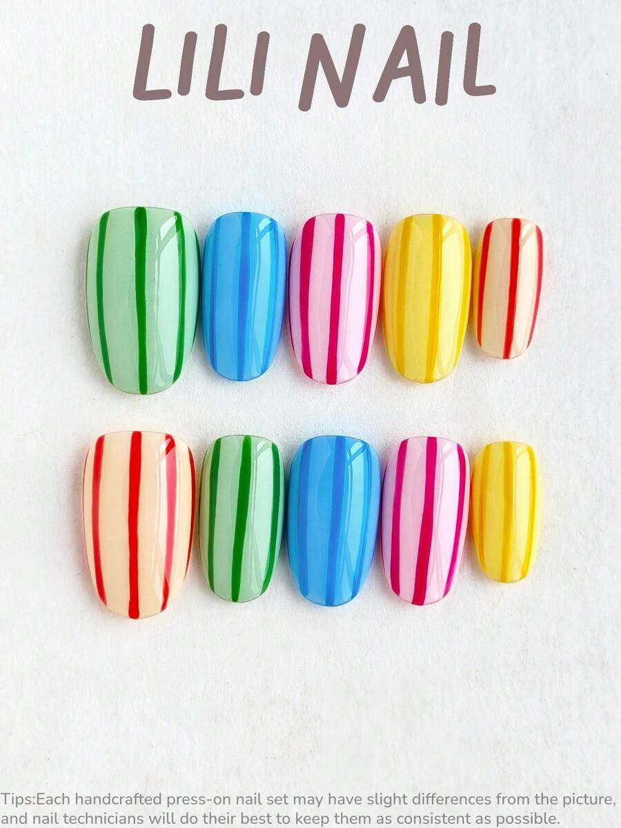 10pcs Handmade Short Oval Nail Stickers, Cute Y2K Style Summer Nails, Multi-Color Options Including Blue, Green, Striped, Solid, Suitable For Women's Daily, Party, Office Wear, Reusable, Comes With Nail Art Tool Kit