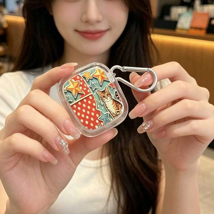 1pc Transparent Edge TPU Earphone Protective Case, Cute Cartoon Cat Star Polka Dot Full Coverage Protective Case Design With Silver Buckle, Compatible With Apple 1/2/3/4/Pro/Pro 2/Pro 3 - Multicolor - View 1