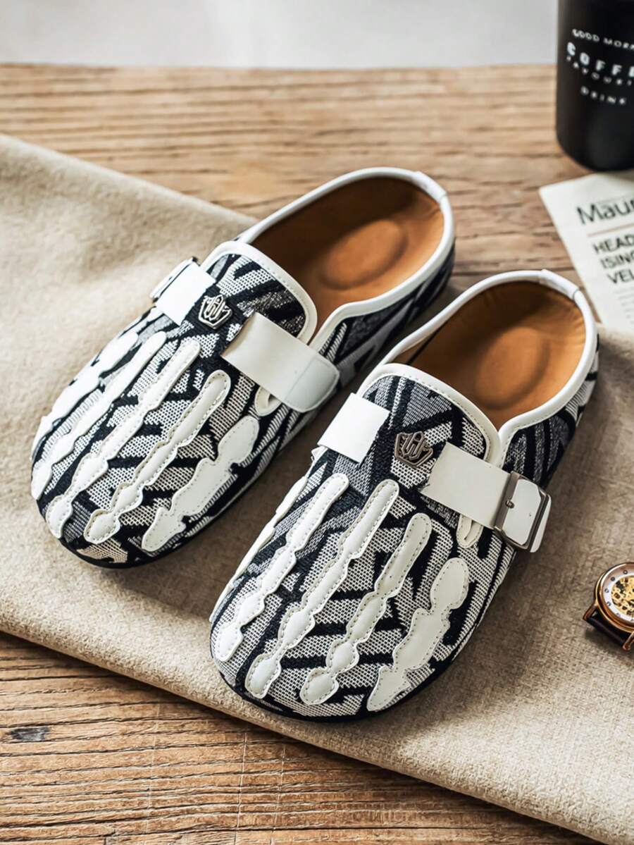 Men's Boho Mule Shoes - Printed Fabric Slip-On Clogs With Metal Buckle, Soft Insole Casual Comfort Sandals For Spring Summer - Black and Gray - View 1