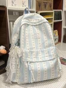 新款清新竖条纹蝴蝶结印花女式双肩包，配珍珠丝带吊坠，甜美校园学生书包，大容量透气双肩包。这款双肩包可轻松搭配日常上学、通勤或周末郊游。 - 彩色 - 查看 11