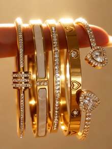 ZCNC Set de 5 piezas de pulseras y brazaletes de acero inoxidable personalizados de varios colores, diseño único, de moda, multielemental, exquisito regalo ideal, joyería no descolorida, elegante - Oro 16 - Ver 11