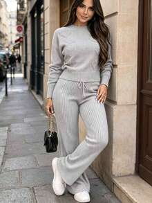 Women's Knitted Set: Blouse And Shaping Pants, Comfortable And Versatile For Everyday Wear - Light Grey - View 5