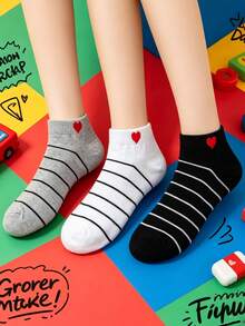 1/ 3 Pairs Japanese-Style Fine Striped Short Socks, Simple Little Heart Socks, ETNA Preppy Style Sweet Women's Socks - Multicolor - View 4