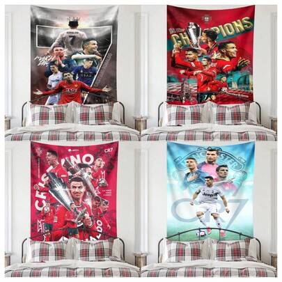1PC C-Ristiano Ronaldo Tapestry, Wall Hanging, GOAT Football Decor, Portugal National Team, All Clubs Collage, Trophy Celebration Art, Multi-Team Career Moments, Red Blue Color Scheme, Juventus/Man Utd/R-Eal Madrid/Man City, Football Legend Tapestry, Soccer Fans Gift, Sports Bar Wall Art, Bedroom Decor For Boys, Living Room Wall Hanging, Premium Polyester Fabric, Print, Unframed Tapestry, Merch, Portugal No.7 Jersey