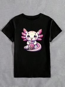 Fashionable And Cute Women's Mexican Axolotl Tie-Dye Print Casual Round Neck T-Shirt, Summer Graphic Blouses For Women - 黑色 - 查看 3