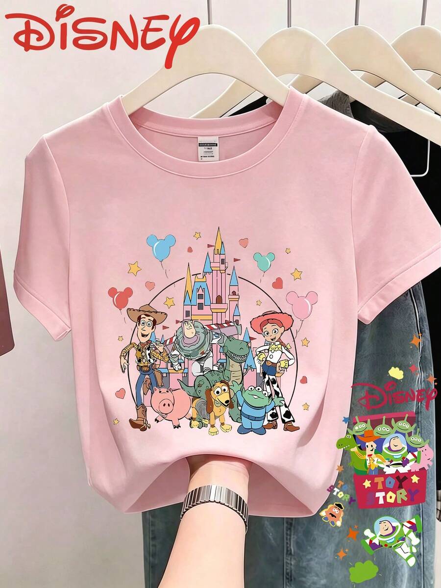 T-shirt printemps/été à manches courtes et col rond, imprimé intégral Disney Castle Toy Story, style décontracté et polyvalent, tissu confortable, idéal en toutes saisons. - Rose bonbon - Voir 1