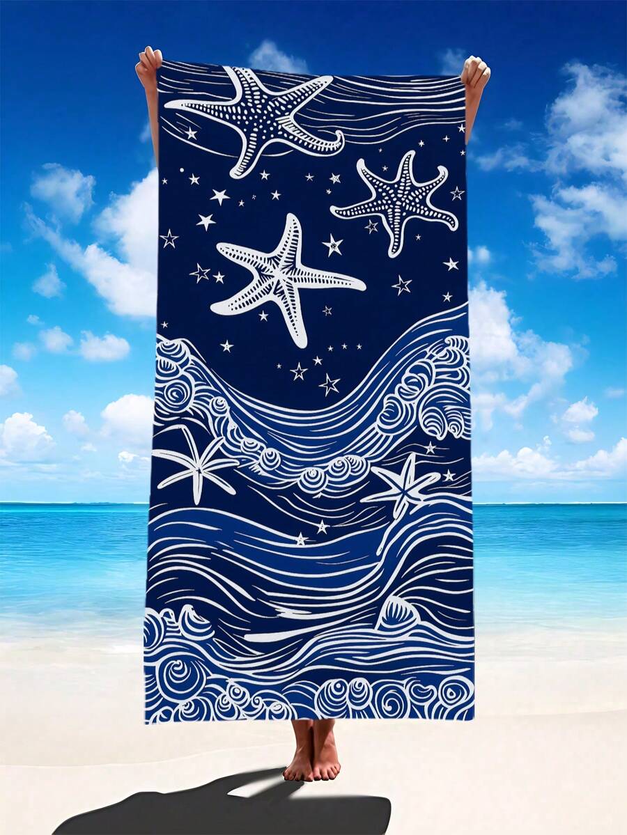 1条海军蓝白条纹海星波浪图案沙滩围巾，多种尺寸可选。速干、柔软、便携、时尚。防沙、超强吸水超细纤维材质。风格：波西米亚风、热带风、复古风、趣味风、瑜伽风、野餐风、防紫外线。是海滩、泳池和户外活动的理想之选；也是旅行、露营、瑜伽、健身和游泳的必备单品。男女皆宜。