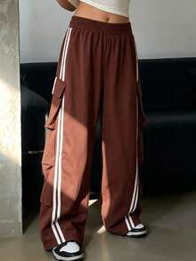 1pc Tween Girls' Loose Fit Side Stripe Cargo Wide Leg Pants, Relaxed Casual Trousers For Daily Wear & Commute - Brown - View 4