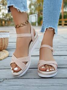 Giày sandal nữ mùa hè cổ điển đế xuồng màu vàng kim, đế dày, kiểu dáng thường ngày đi biển, thoải mái, đa năng, quai chéo bằng vải màu hồng, mũi tròn, giày sandal đế xuồng cổ điển dành cho nữ, khóa chéo thanh lịch, thoải mái để mang trong nhà. - Màu Hồng baby - Xem 5