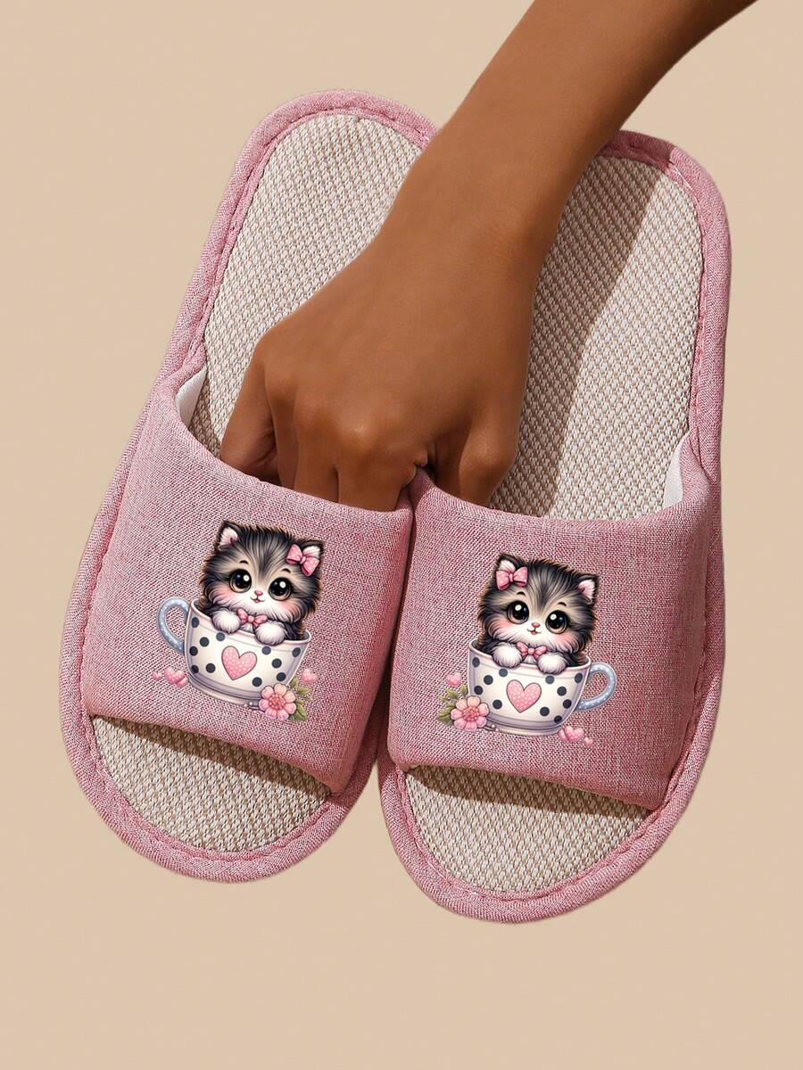 Open-Toe Slippers, New Spring/Autumn/Winter Animal Print Couples Slippers, Cute Animal Design, Linen Breathable Fabric, Home/Holiday Gift - Pink - View 1