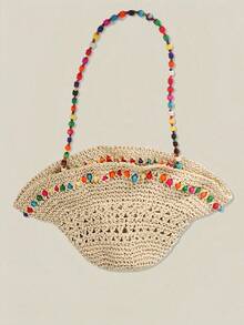 1pc Bohemian Style Colorful Beaded Bucket Hat, Women's Sun Hat, Wide Brim Straw Beach Hat, Foldable, Suitable For Ponytail In Summer Travel, UV Protection, Women's Beach Hat, Wide Brim Straw Sun Hat, Women's UV Protection Sun Hat, Foldable Soft Hat, Women's Wide Brim Straw Sun Hat, UPF 50+, Foldable Rollup Soft Hat, Women's Beach Hat - 淺卡其色 - 查看 6