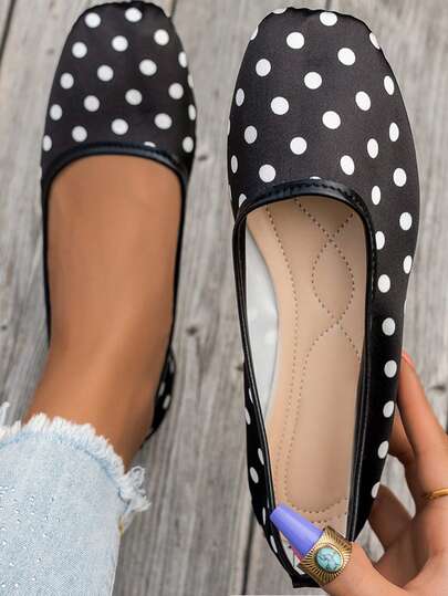 Square Toe Women's Flat Shoes, Casual Ballet Shoes, Polka Dot Casual Ballet Shoes For Summer, Shallow Mouth Ladies' Slip-On Shoes, Comfortable Versatile Mothers' Shoes For Spring, Bohemian Style Black & White Lace Flat Shoes, Plus Size Casual Sandals For Summer Outdoor Walking, Breathable Slouchy Shoes, Hollow-Out Chinese Style Flat Loafers, Elegant White Ladies' Flat Shoes