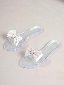 Round Toe PVC Crystal Embellished Strap Beach Slide Sandals, Summer - Clear - View 2