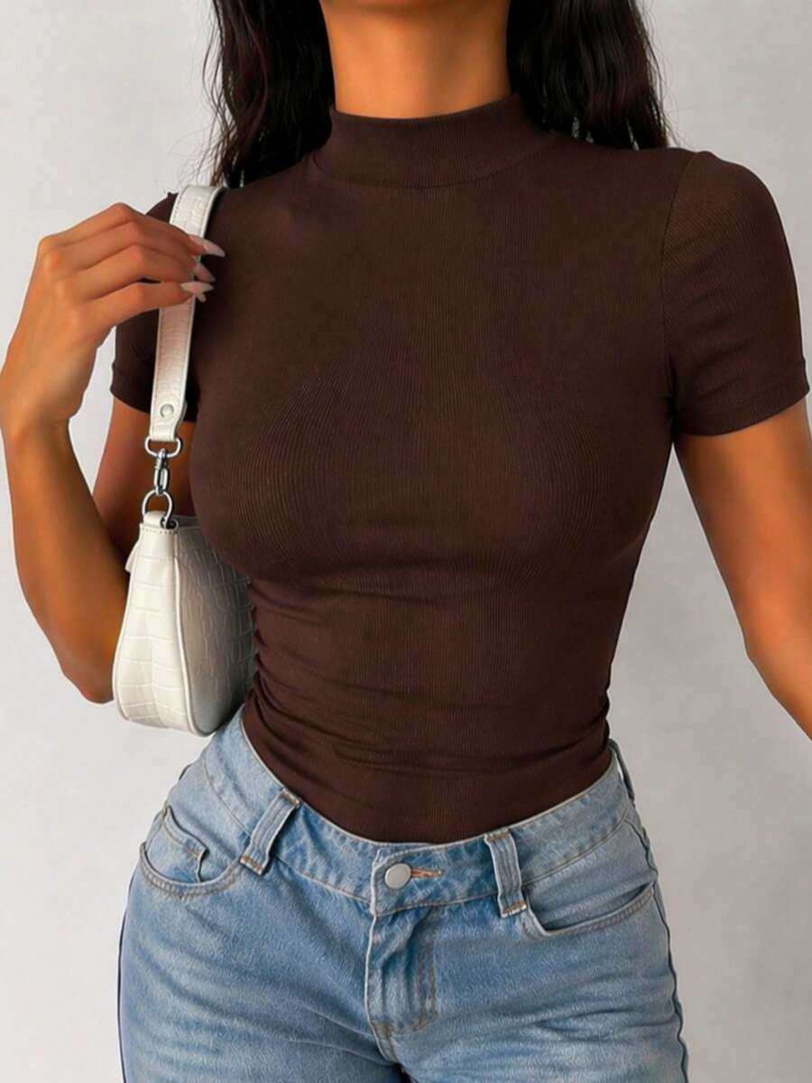 body bori bory manga curta gola alta feminino canelado elegante básico blogueira - Marrom - Visão 1