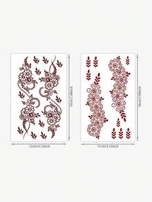 2张纹身贴纸，酒红色异域风情海娜风格花藤图案，适用于手背，临时纹身贴纸，可水洗，PVC材质，一次性使用，防水防汗，适用于手臂、腰部、腹部、背部、腿部，不反光，逼真纹身效果，适合人群，日常使用，可持续3-5天，素描风格 - 彩色 - 查看 2