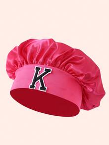 1pc A-Z Letter Satin Elastic Wide Brim Hat For Kids - Tight Sleeping Cap, Hair Care Design, Soft Breathable Structure With Anti-Slip Lining - Black Label - Rose Red Cap - View 77
