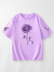加厚紫色玫瑰與蝴蝶印花T恤 - 短袖圓領休閒上衣，專為女性夏季穿著設計 - 非常適合度假與返校季節 - 淡紫色 - 查看 2