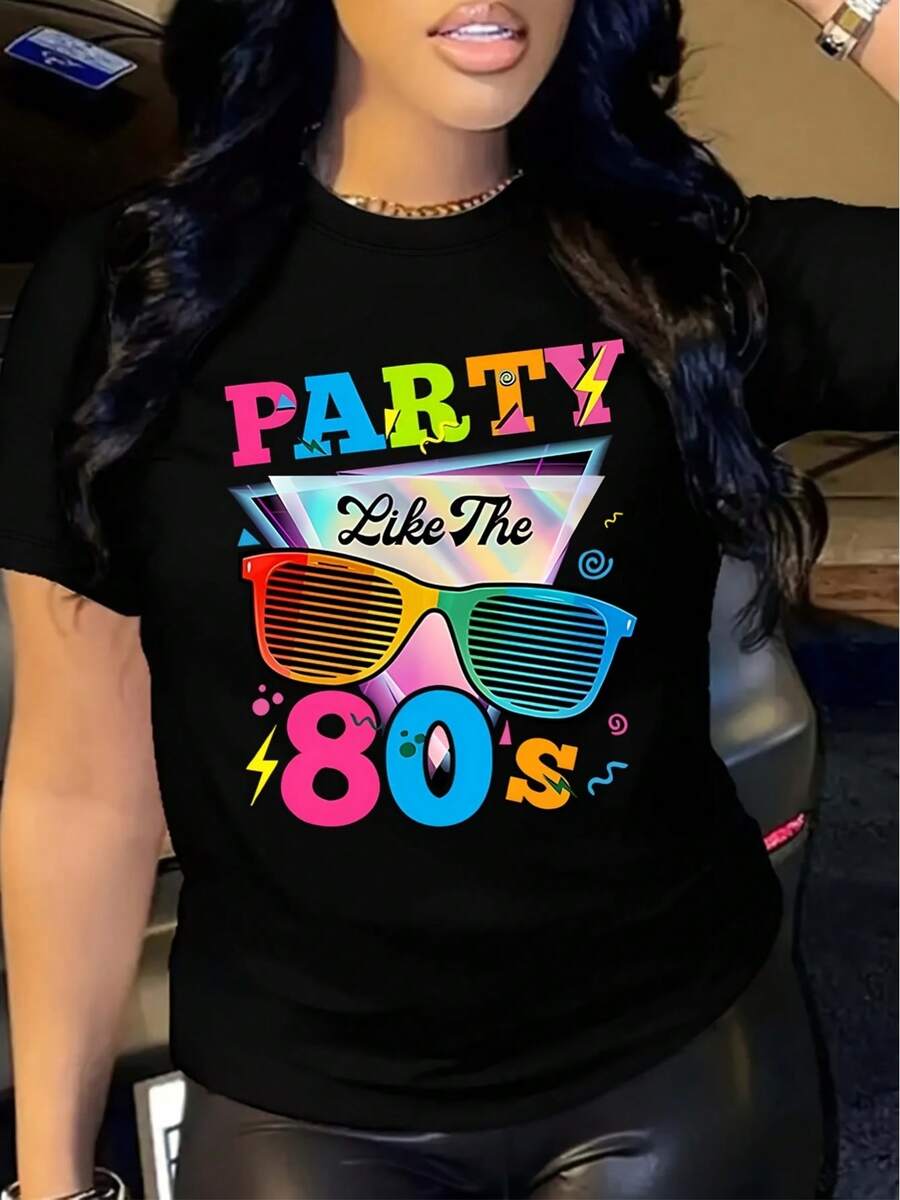 T Shirt Women's 80s Party Letter Graphic Casual Crew Neck Short Sleeve T-Shirt, Retro Summer Daily Wear Cotton Tops Spring Outfit - Black - View 1
