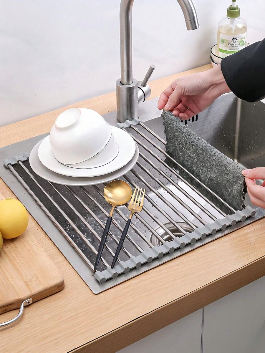 Rejilla plegable y ahorradora de espacio para secar platos sobre el fregadero, de acero inoxidable resistente al calor, de estilo minimalista moderno en color gris rectangular antideslizante, adecuada para preparación en la cocina, artículos esenciales para apartamentos, limpieza de primavera, herramientas del hogar